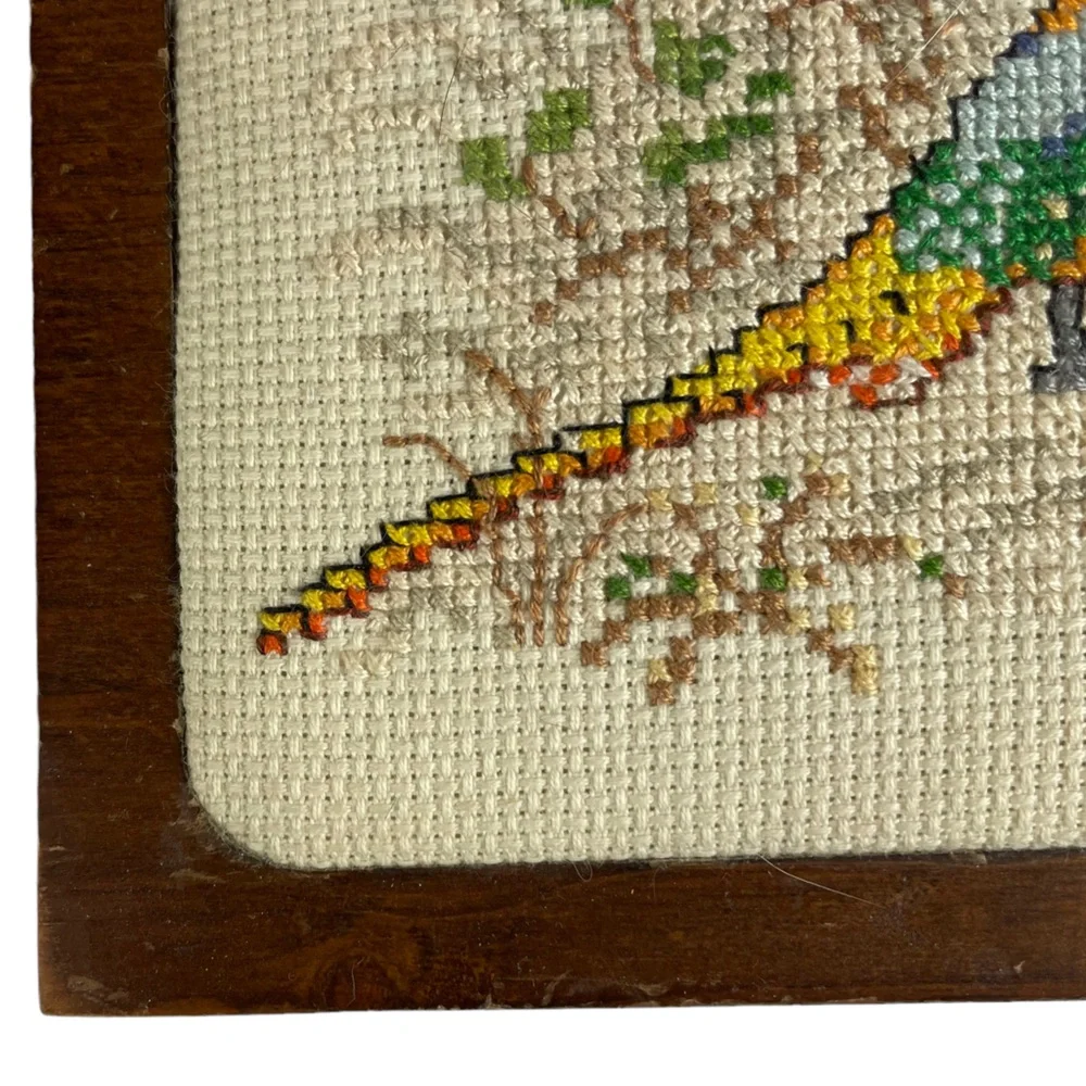 Vintage Needlepoint Pheasant Square Wooden Flip-top Treasure Keepsake Hinged Box